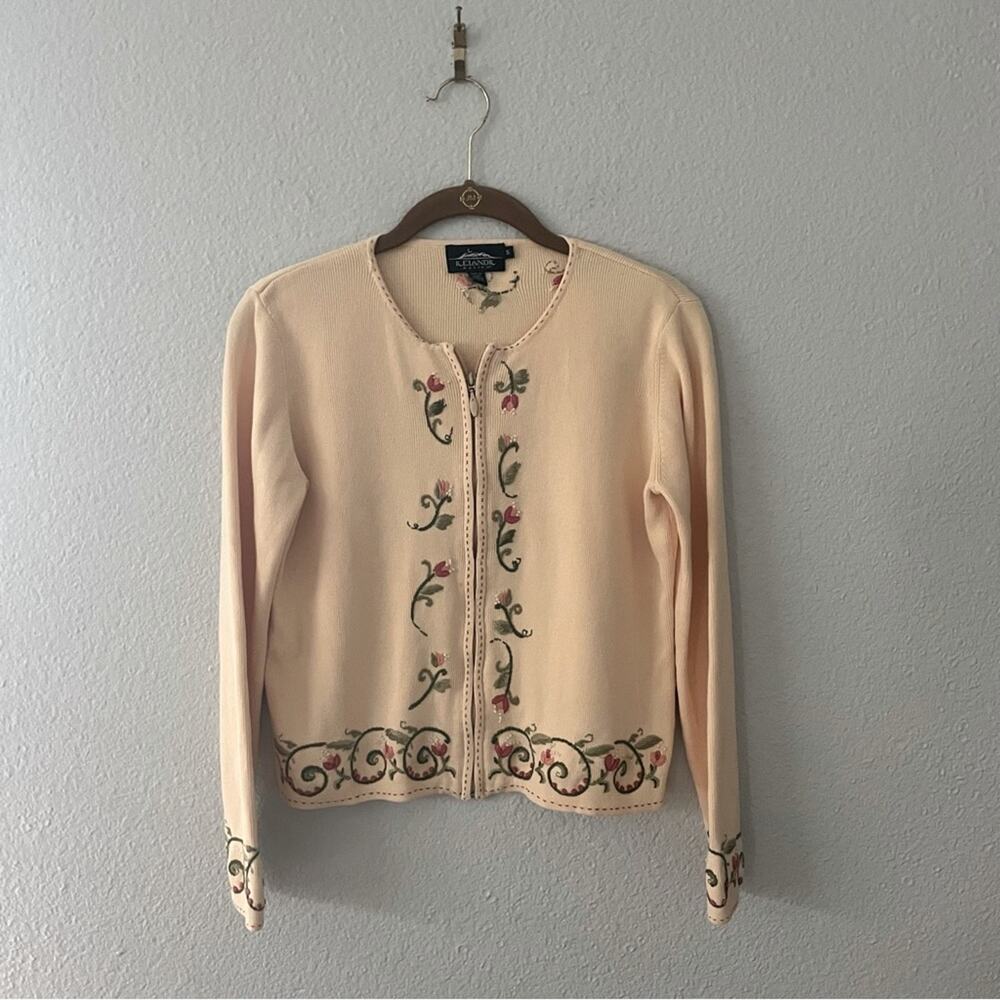 Vintage Yellow Sweater Jacket With Floral Embroidery Size small